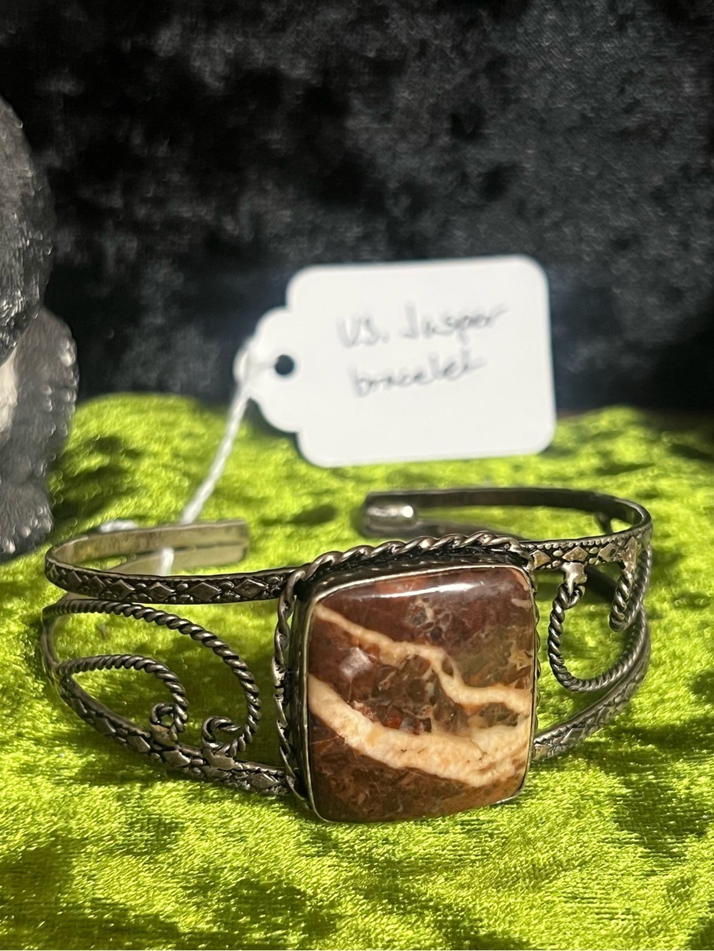 Natural Jasper Stone Cuff Bracelet - Brown Jasper in Silver Tone